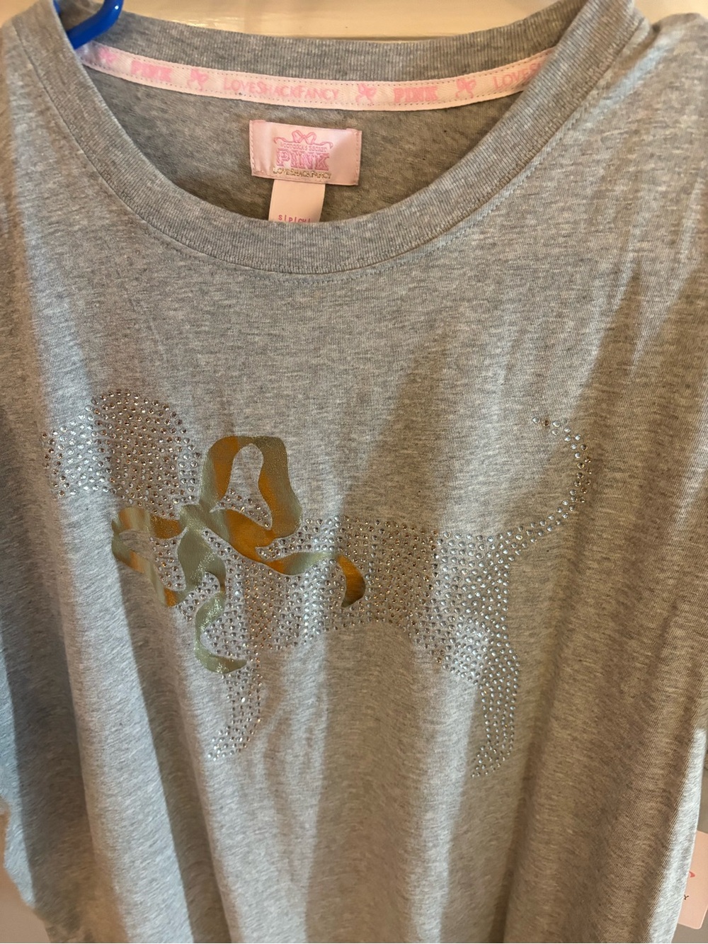 LoveShackFancy Gray Short Sleeve Tee with Gold Bow Rhinestone Dog Motif - Picture 6 of 10
